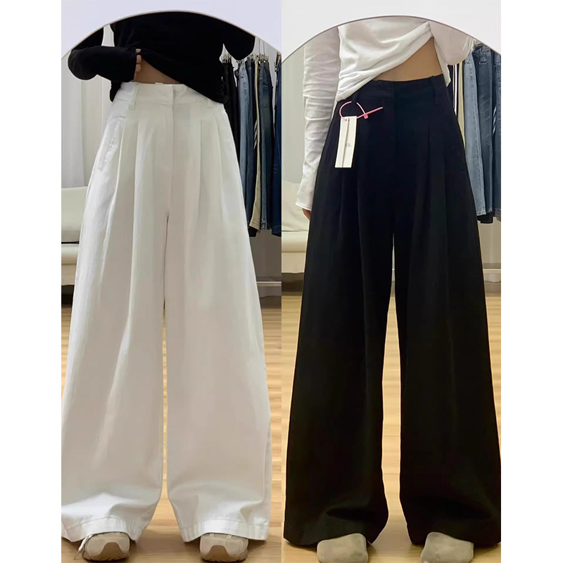 99290-47白色棉麻肌理感阔腿裤子大码女胖mm显瘦高腰宽松休闲裤