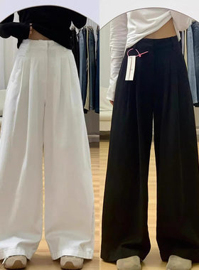 99290-47白色棉麻肌理感阔腿裤子大码女胖mm显瘦高腰宽松休闲裤