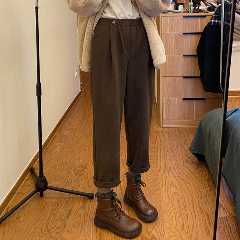 99159-042毛呢休闲裤女大码胖mm高腰直筒遮胯显瘦哈伦裤子秋冬