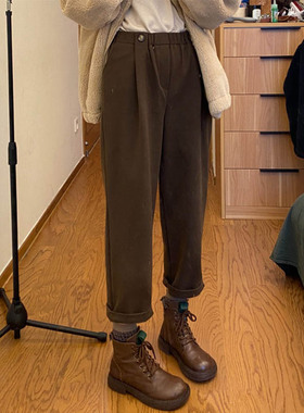 99159-38毛呢休闲裤女大码胖mm高腰直筒遮胯显瘦哈伦裤子秋冬