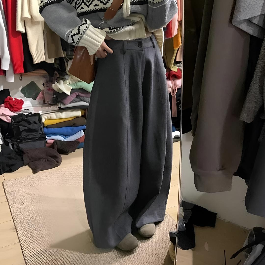 99309-46毛呢阔腿弯刀裤子女胖mm大码显瘦遮肉梨型身材高腰加绒冬