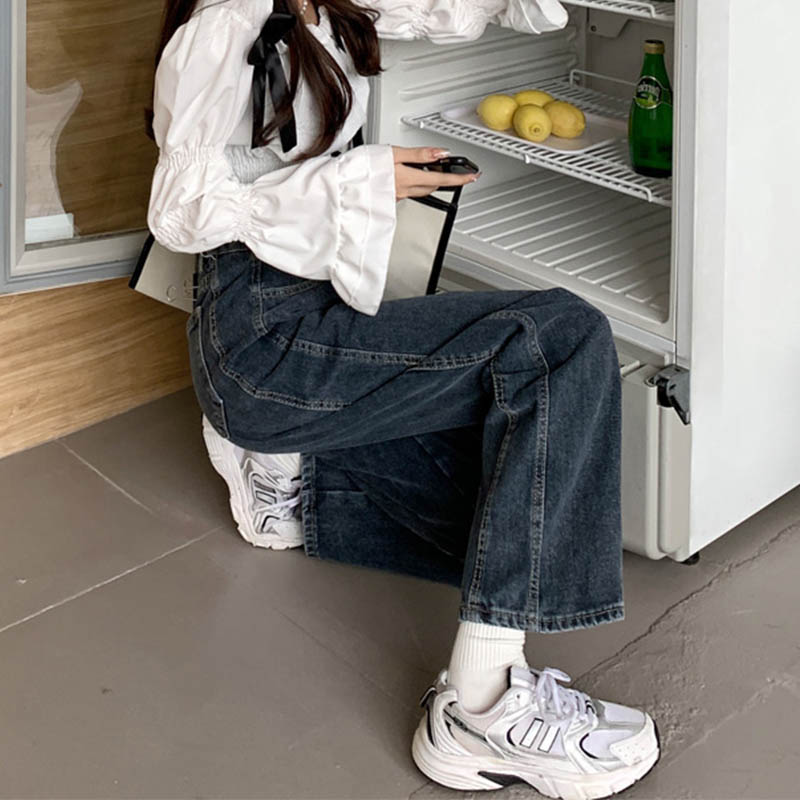 9851-038适合胯大腿粗大码直筒牛仔裤女高腰阔腿胖mm梨型身材显瘦