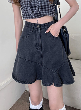 9887-034鱼尾裙大码胖mm牛仔a字半身裙梨型身材高腰显瘦遮胯短裙