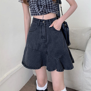 9887-034鱼尾裙大码胖mm牛仔a字半身裙梨型身材高腰显瘦遮胯短裙