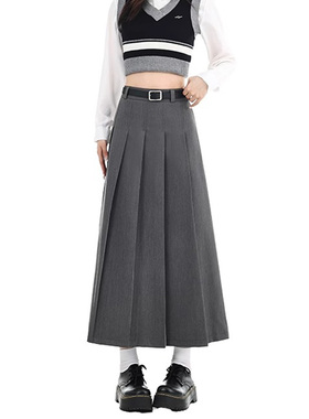 99245-39灰色百褶大码a字半身裙子胖mm遮肚显瘦西装毛呢裙小个子