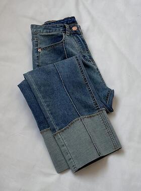 77013-042卷边直筒牛仔裤女大码梨型身材高腰弹力遮胯显瘦裤子潮