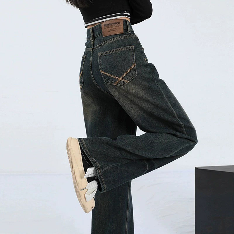 77156-042梨型身材胖mm穿搭大码阔腿牛仔裤女遮胯显瘦高腰直筒裤