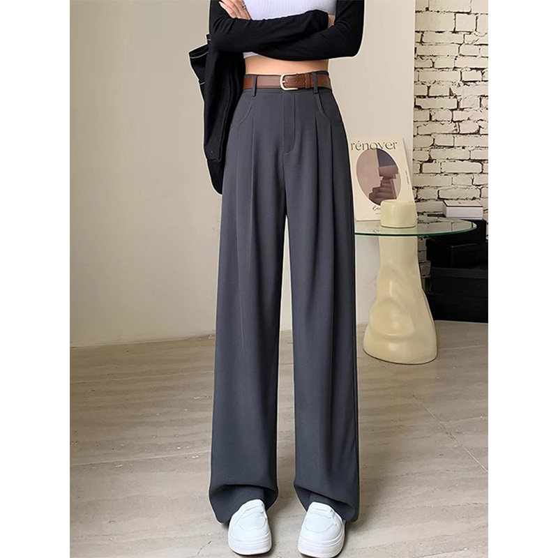 99261-38灰色褶皱西装裤子大码女胖mm显瘦梨型身材高腰窄版阔腿裤