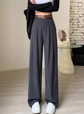 99261-38灰色褶皱西装裤子大码女胖mm显瘦梨型身材高腰窄版阔腿裤