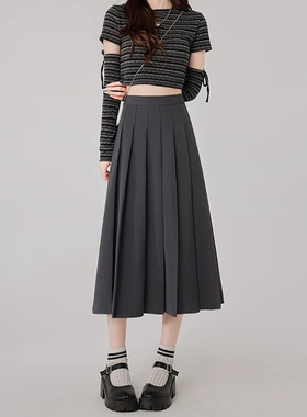 99012-36灰色百褶半身裙大码胖mm显瘦遮肚梨型身材高腰a字西装裙