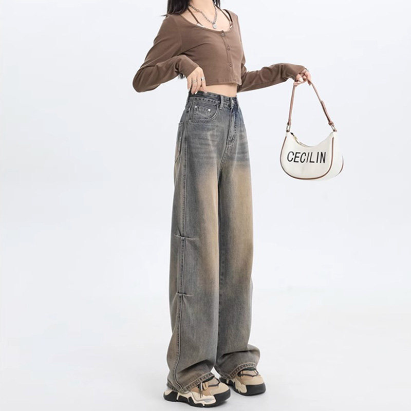 黄泥阔腿牛仔裤子大码女胖mm显瘦