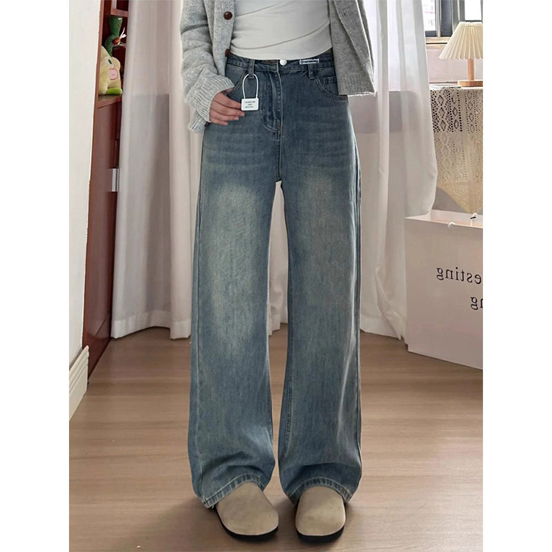 77215-42复古蓝牛仔裤子女胖mm大码显瘦梨型身材高腰直筒阔腿裤