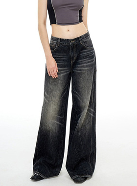 77117-042胖mm炸街裤子大码宽松高腰阔腿牛仔裤女梨型身材穿搭