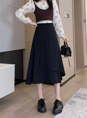 99218-040-038不规则毛呢半身裙子胖mm遮肚显瘦大码a字伞裙女冬季
