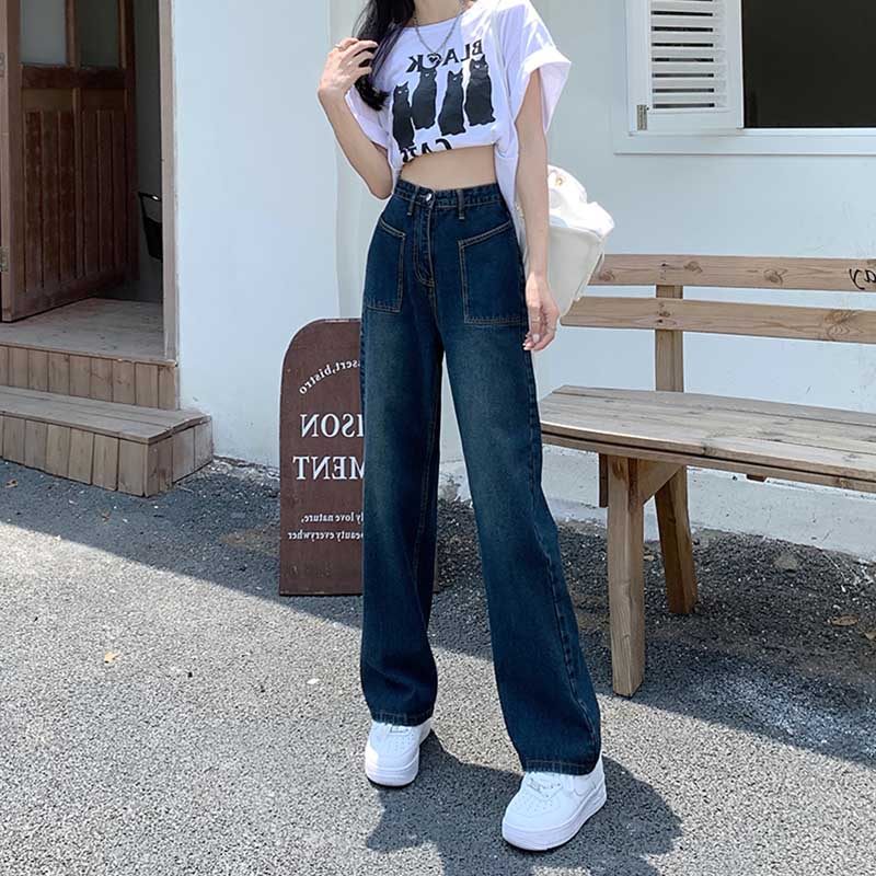 77003-038高腰阔腿牛仔裤大码胖mm遮胯显瘦直筒裤苹果型身材穿搭