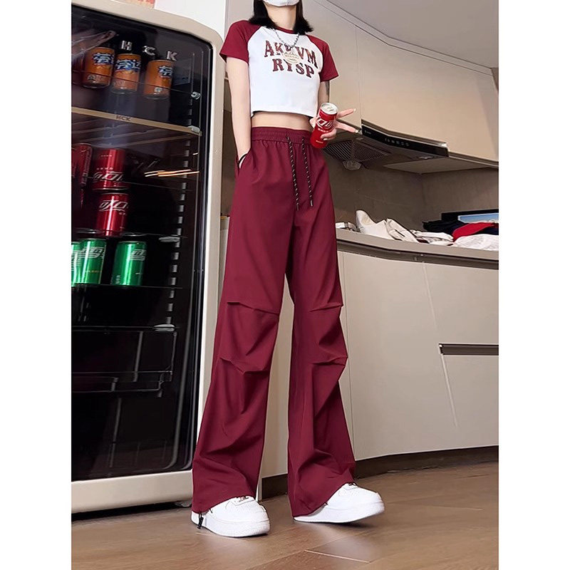 99233-042红色工装裤子女大码胖mm梨型身材炸街痞帅潮牌阔腿裤子