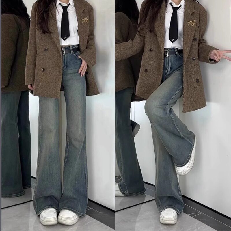 弹力不贴腿微喇牛仔裤子女胖mm