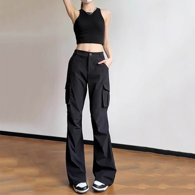 99270-45黑色微喇工装裤子大码女胖mm显瘦梨型身材高腰垂感西装裤