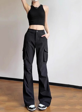 99270-45黑色微喇工装裤子大码女胖mm显瘦梨型身材高腰垂感西装裤