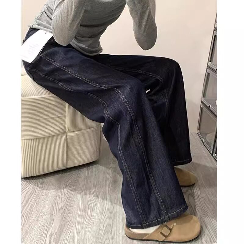 77206-47深蓝丹宁色加绒牛仔裤子女胖mm大码显瘦高腰直筒阔腿裤冬