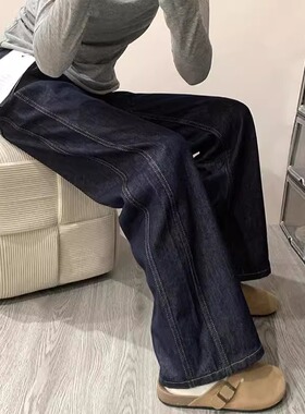 77206-47深蓝丹宁色加绒牛仔裤子女胖mm大码显瘦高腰直筒阔腿裤冬