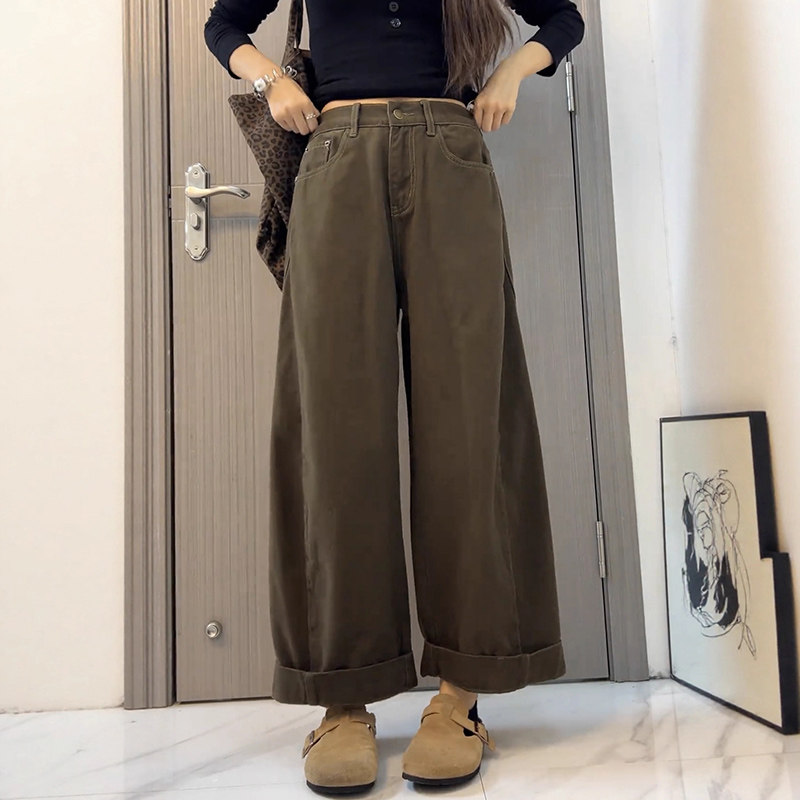 77222-45卷边阔腿牛仔裤子女胖mm显瘦梨型身材高腰宽松慵懒直筒裤