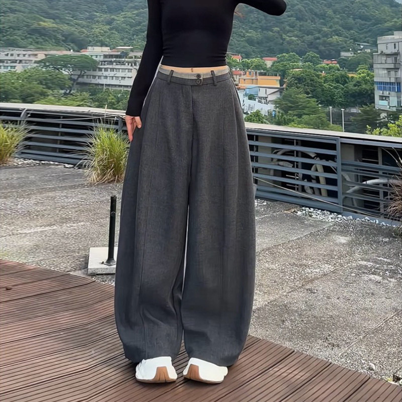99337-46撞色毛呢阔腿弯刀裤子女胖mm大码显瘦遮肉梨型身材高腰厚