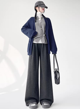 99303-45格子毛呢阔腿裤子女胖mm大码显瘦梨型身材高腰加绒秋冬季
