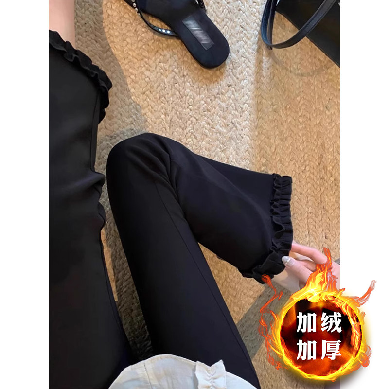 99307-42加绒弹力休闲裤子女胖mm大码九分直筒阔腿木耳花边微喇裤