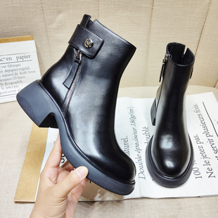 2026春季新款高跟短靴女真皮英伦风粗跟马丁靴女厚底短筒靴女靴子