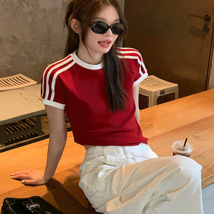 彪码小红书推荐夏季新款红色圆领短袖女条纹修身显瘦辣妹纯棉t恤