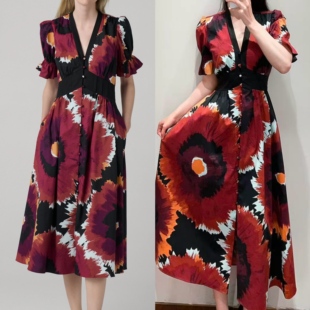 25早秋新品 DVF晕染玫瑰V领纯棉茶歇连衣裙Erica