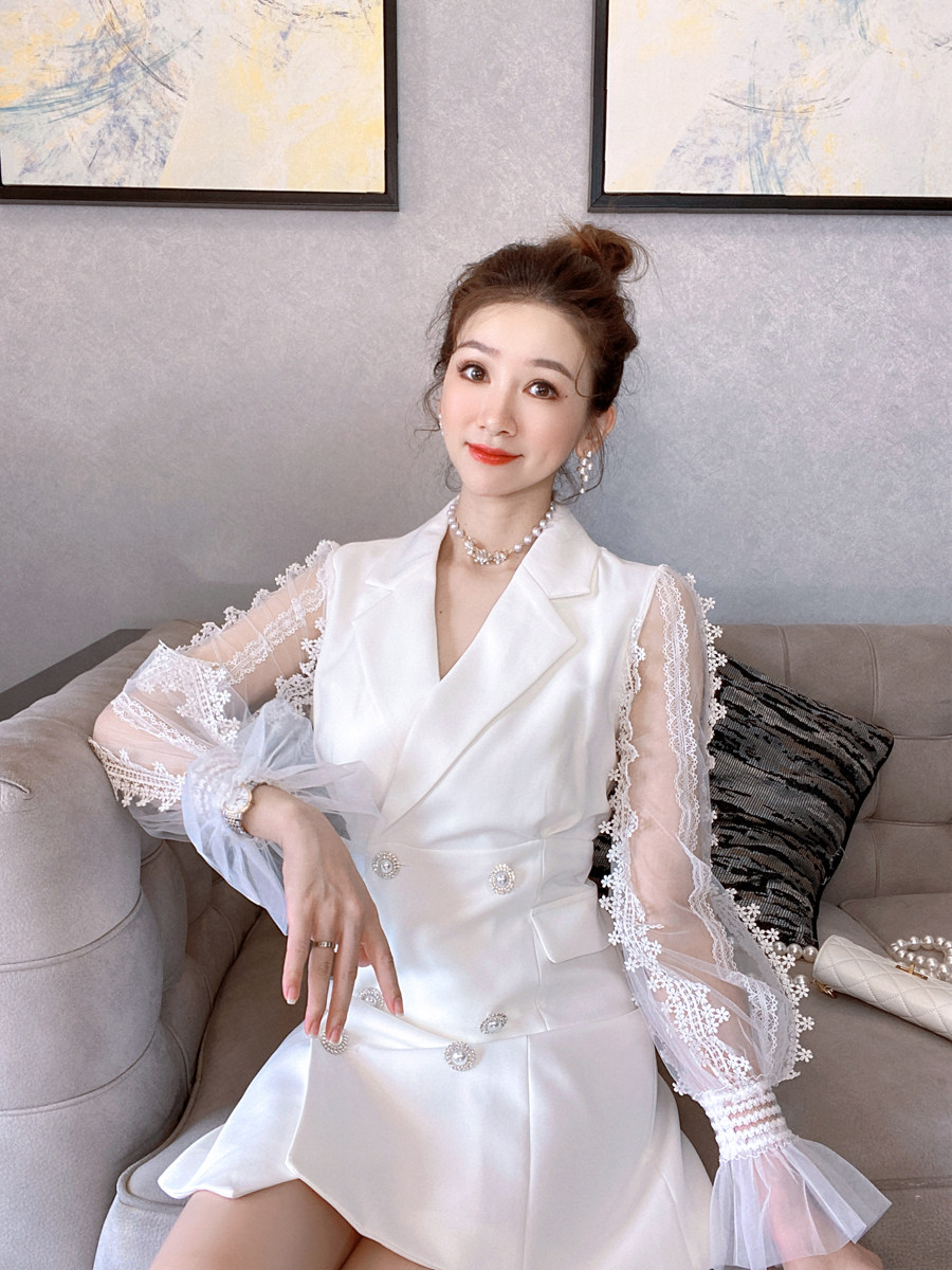 小茵家气质早秋透视网纱长袖v领西装式开衫连衣裙修身A字裙女神款