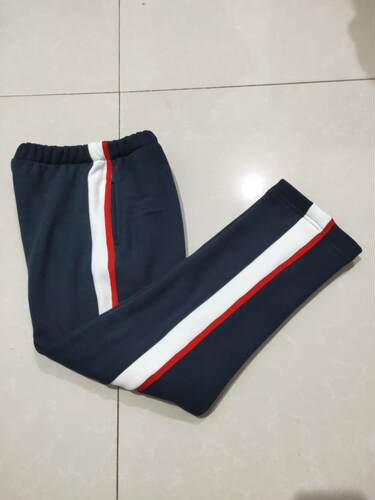 深藏蓝色拼白一根大红条直长裤