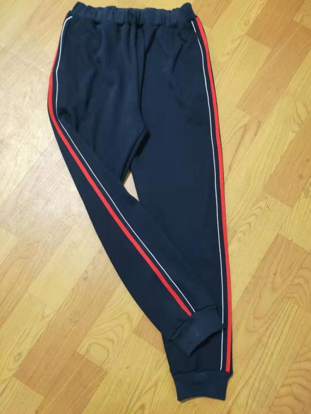 订做加绒校服裤深藏蓝色红白条