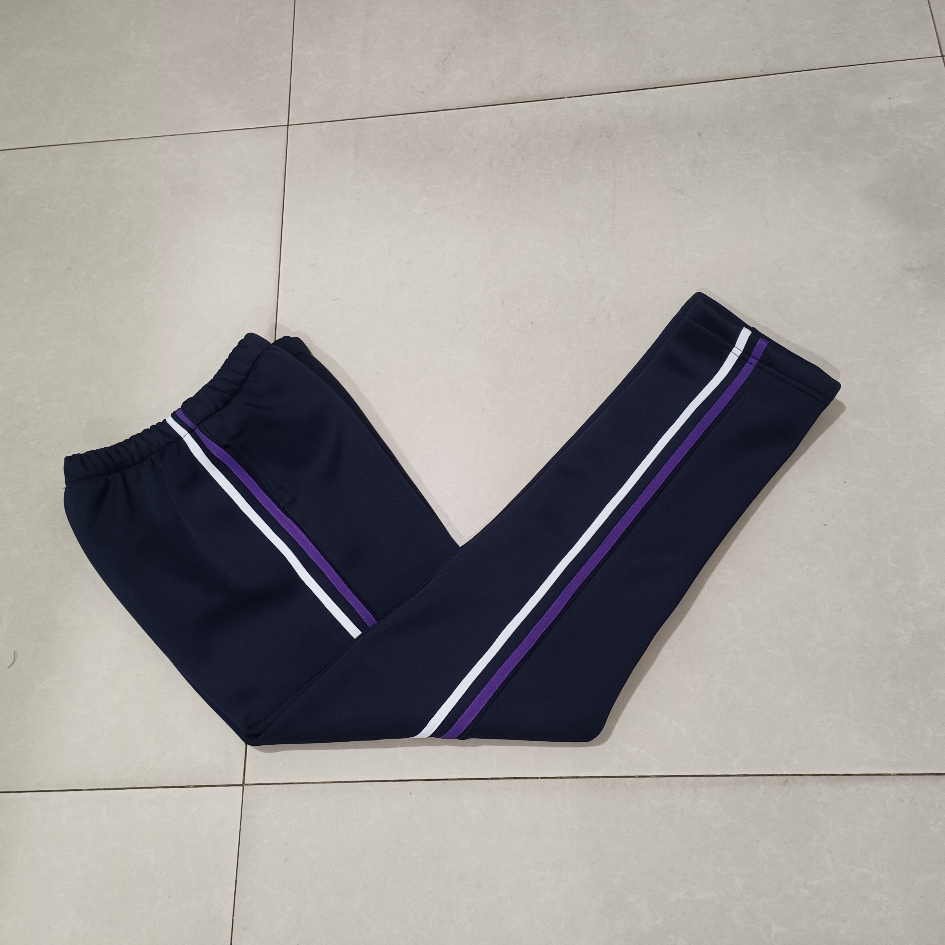 中高小学生校服长裤深蓝色南韩丝贴深紫白条学生校裤有加绒款可订