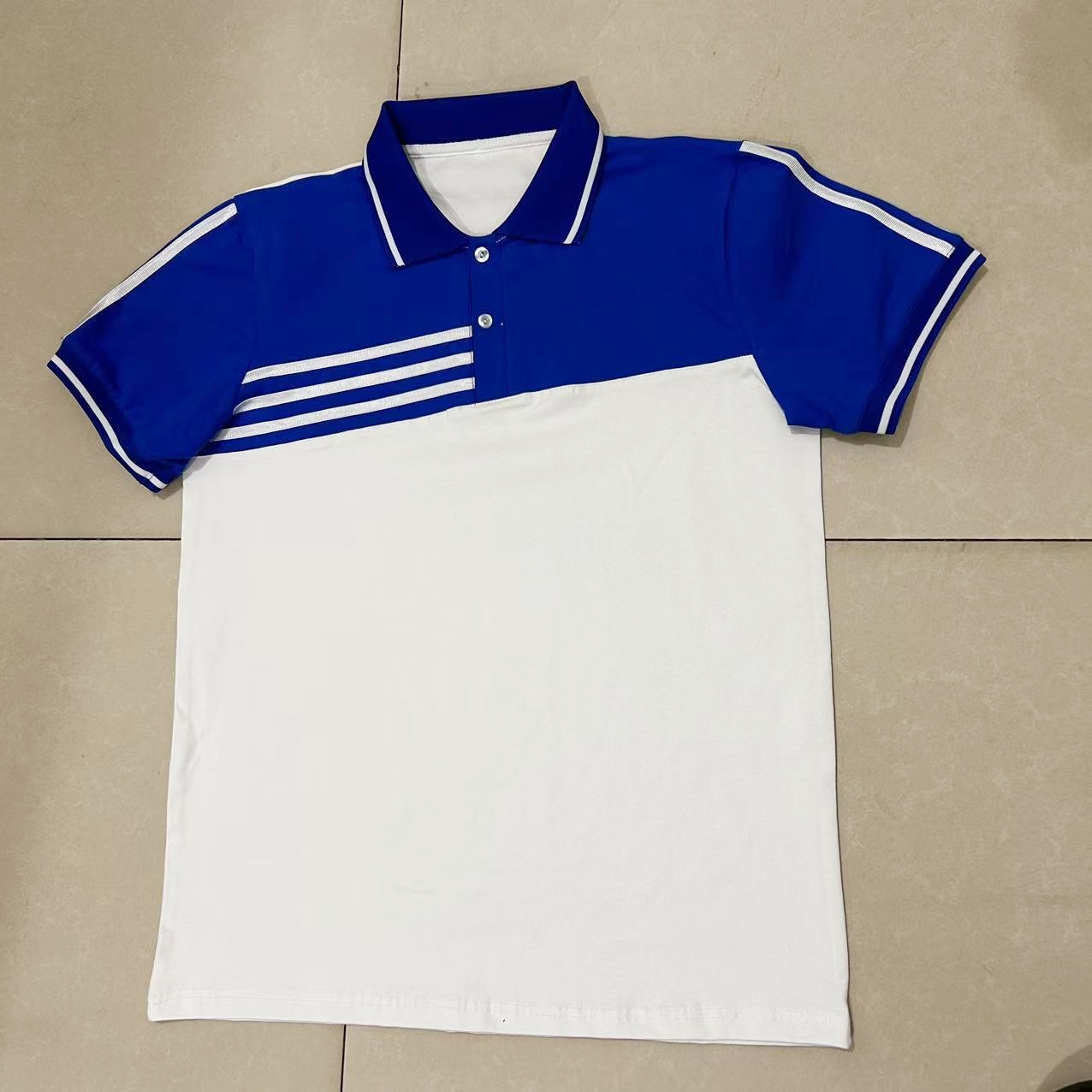 淮滨县小学生夏季纯棉白色前拼蓝色贴三白条校服polo领T恤可定制
