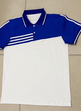 淮滨县小学生夏季纯棉白色前拼蓝色贴三白条校服polo领T恤可定制