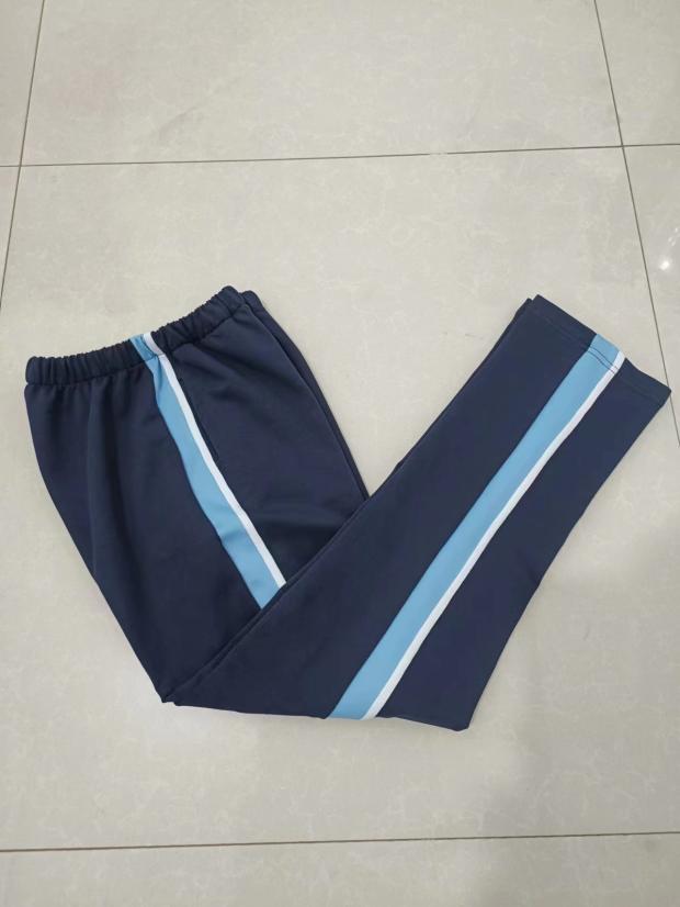 中小学生纯棉深藏蓝色运动裤拼接浅蓝杠加白杠宽松直筒长裤四季款