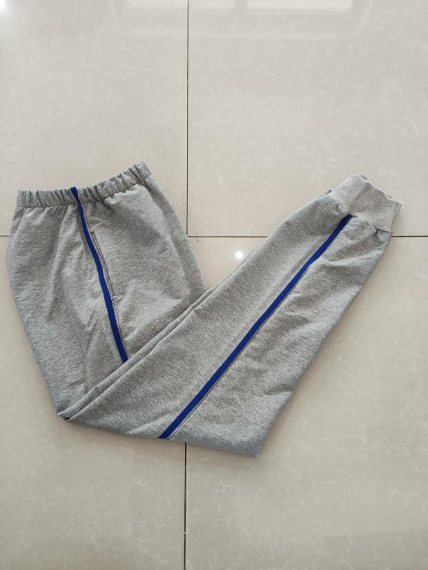 订做纯棉中小学生男女校服长裤浅灰色贴一宝蓝条紧口休闲运动校裤