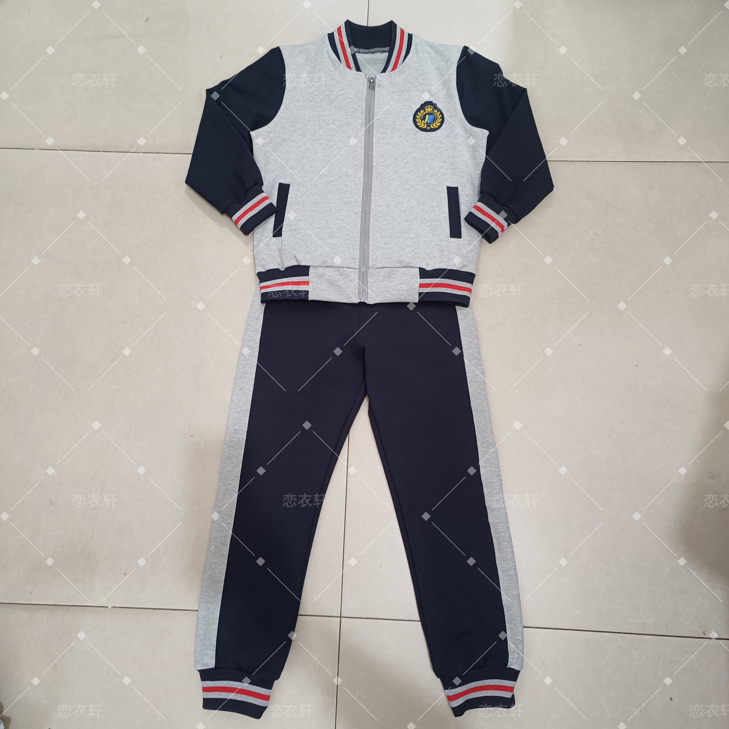 上海杨浦区控江二村小学春秋冬款校服长袖外套藏蓝色拼灰校服长裤