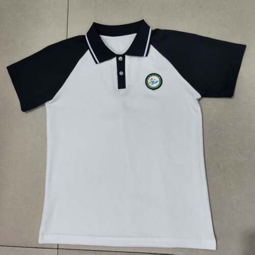 包钢第十二小学夏季校服珠地棉短袖T恤polo领白色拼藏蓝袖子中性