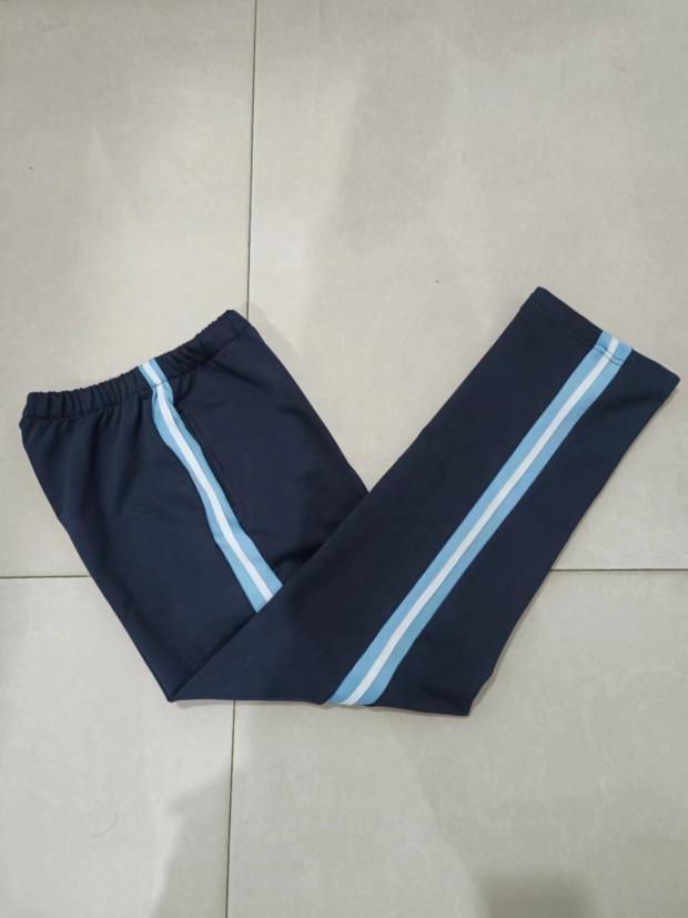 订做纯棉中小学生男女校服长裤深藏蓝色拼浅蓝宽杠白条休闲运动裤