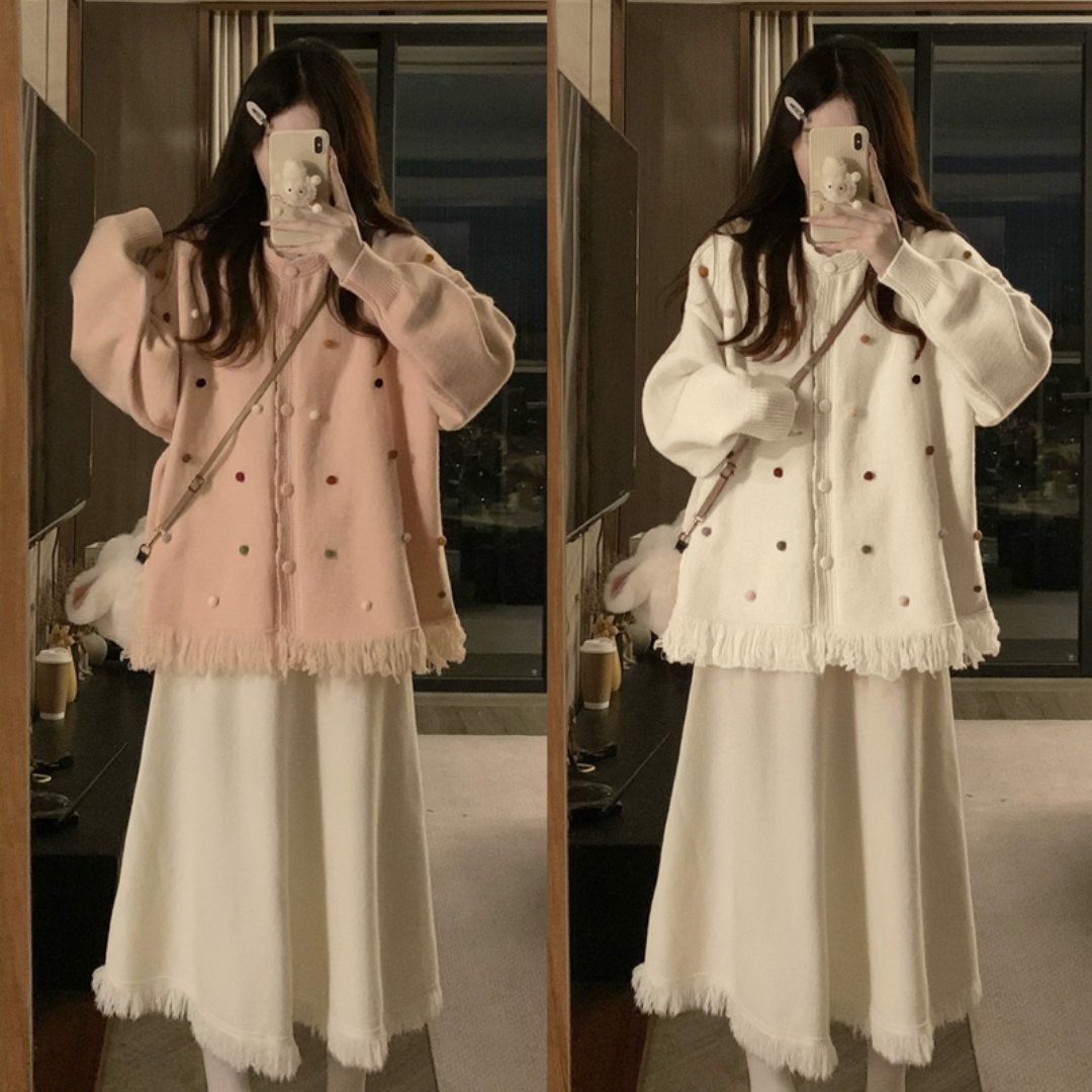 实拍大码秋冬气质宽松流苏毛衣外套+显瘦高腰针织半身裙两件套装