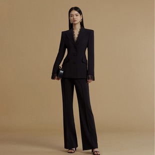 修身 西装 套装 通勤 黑色蕾丝领设计 外套阔腿裤 气质感女神范时尚