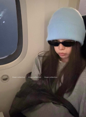 KWAN韩系蓝色毛线帽女100%羊毛秋冬保暖针织冷帽显脸小包头帽新款