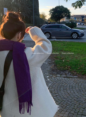 KWAN紫色纯羊毛围巾韩系氛围感女2026新款ins秋冬保暖流苏围脖