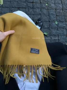 KWAN韩国ins芥末黄纯羊毛围巾女秋冬高级感针织流苏围脖百搭披肩