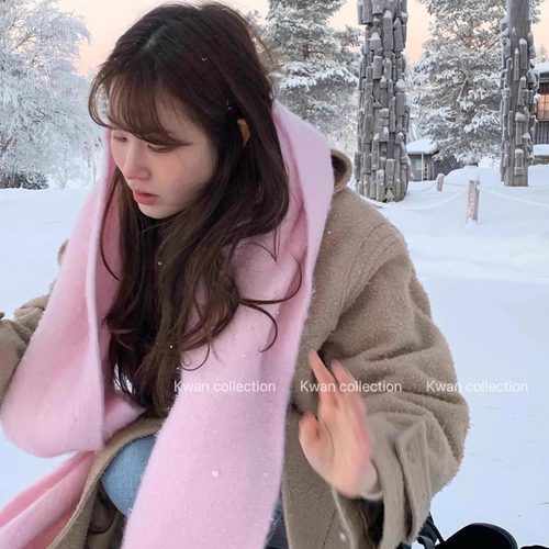 韩系嫩粉色流苏围巾秋冬保暖加厚