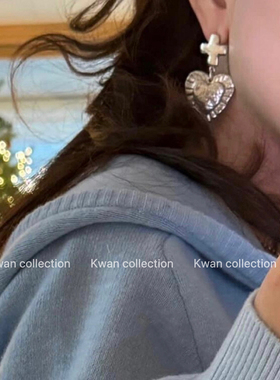 KWAN韩国博主mone同款小众设计不对称十字架耳环复古褶皱爱心耳钉